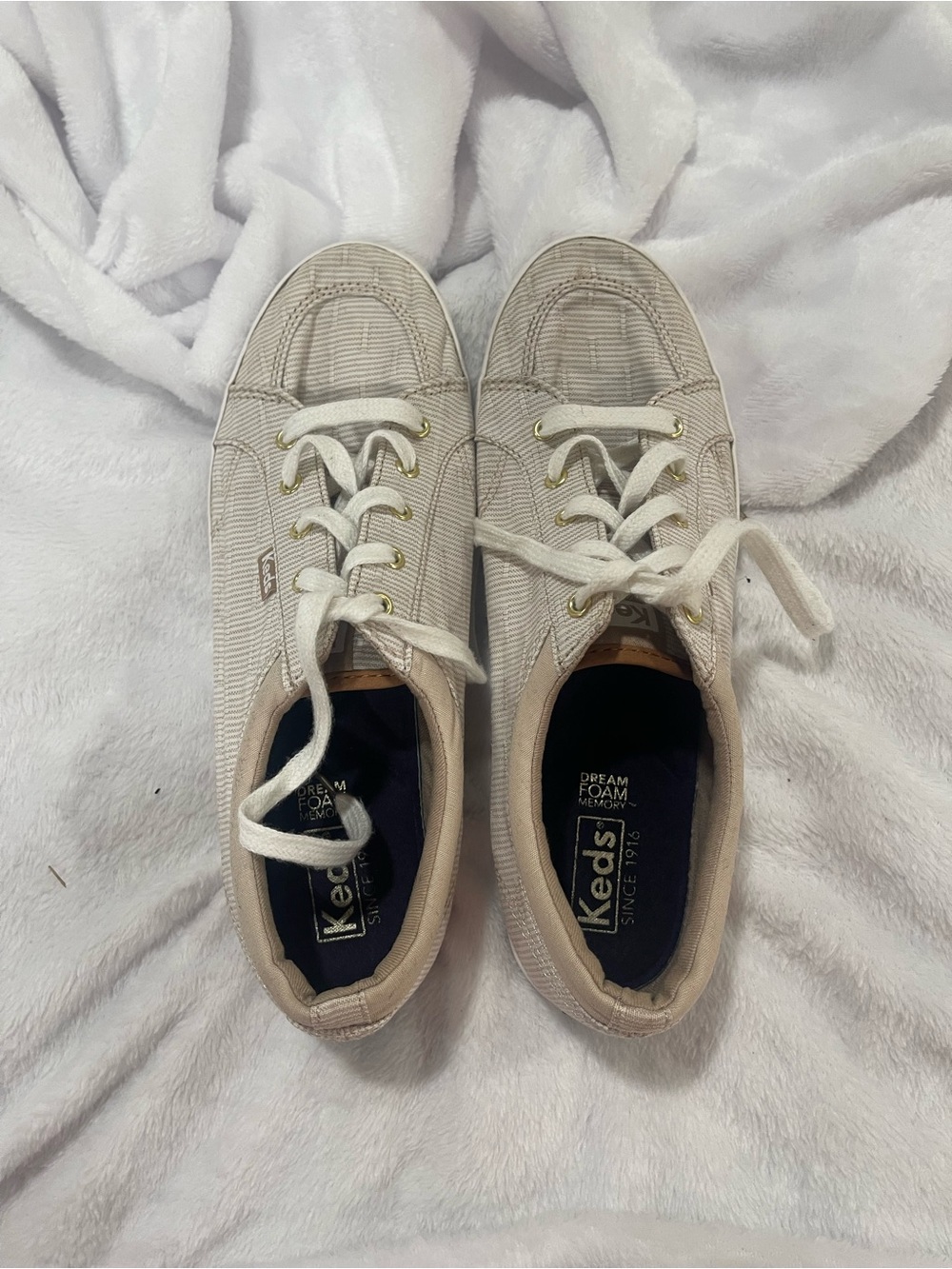 Keds Women's Beige Canvas Lace-Up Sneakers with Gold Eyelets
